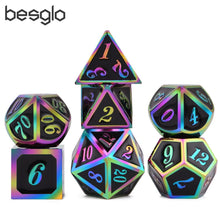 Laden Sie das Bild in den Galerie-Viewer, New Black &amp; Rainbow Number Metal Polyhedral Dice with Black Dice Bag for DnD RPG MTG and other Board Games D4 D6 D8 D10 D% D12 D
