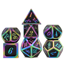 Laden Sie das Bild in den Galerie-Viewer, New Black &amp; Rainbow Number Metal Polyhedral Dice with Black Dice Bag for DnD RPG MTG and other Board Games D4 D6 D8 D10 D% D12 D
