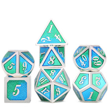 Laden Sie das Bild in den Galerie-Viewer, New Black &amp; Rainbow Number Metal Polyhedral Dice with Black Dice Bag for DnD RPG MTG and other Board Games D4 D6 D8 D10 D% D12 D

