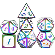 Laden Sie das Bild in den Galerie-Viewer, New Black &amp; Rainbow Number Metal Polyhedral Dice with Black Dice Bag for DnD RPG MTG and other Board Games D4 D6 D8 D10 D% D12 D
