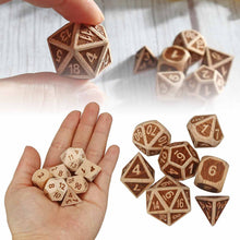 Load image into Gallery viewer, 7pcs Set Embossed Wooden Polyhedral Dice D20 D12 D10 D8 D6 D4 for DND RPG MTG Role Playing Board Game
