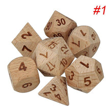 Load image into Gallery viewer, 7pcs Set Embossed Wooden Polyhedral Dice D20 D12 D10 D8 D6 D4 for DND RPG MTG Role Playing Board Game
