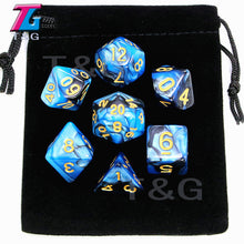 Load image into Gallery viewer, 7pcs  Promotion  2-color Dice Set Nebula effect poker DnD d4,d6,d8,d10,d%,d12,d20 Polyhedral Dice, rpg game dice  with bag
