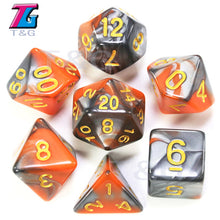 Load image into Gallery viewer, 7pcs  Promotion  2-color Dice Set Nebula effect poker DnD d4,d6,d8,d10,d%,d12,d20 Polyhedral Dice, rpg game dice  with bag

