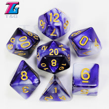 Load image into Gallery viewer, 7pcs  Promotion  2-color Dice Set Nebula effect poker DnD d4,d6,d8,d10,d%,d12,d20 Polyhedral Dice, rpg game dice  with bag
