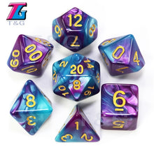 Load image into Gallery viewer, 7pcs  Promotion  2-color Dice Set Nebula effect poker DnD d4,d6,d8,d10,d%,d12,d20 Polyhedral Dice, rpg game dice  with bag

